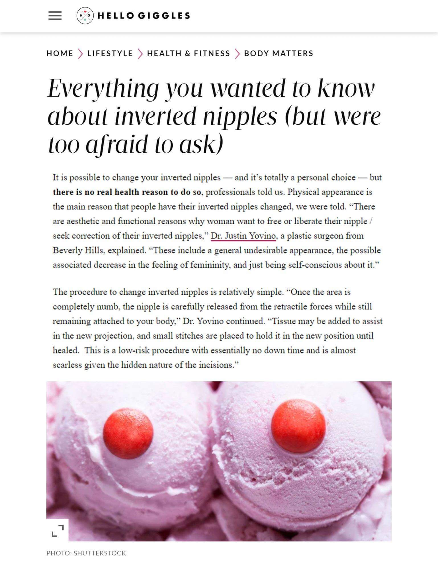 An image from an article from Hello Giggles titled "Everything you wanted to know about inverted nipples (but were too afraid to ask)". The screenshot features an image of two scoops of pink ice cream, each with a red candy centrally placed to resemble breasts.