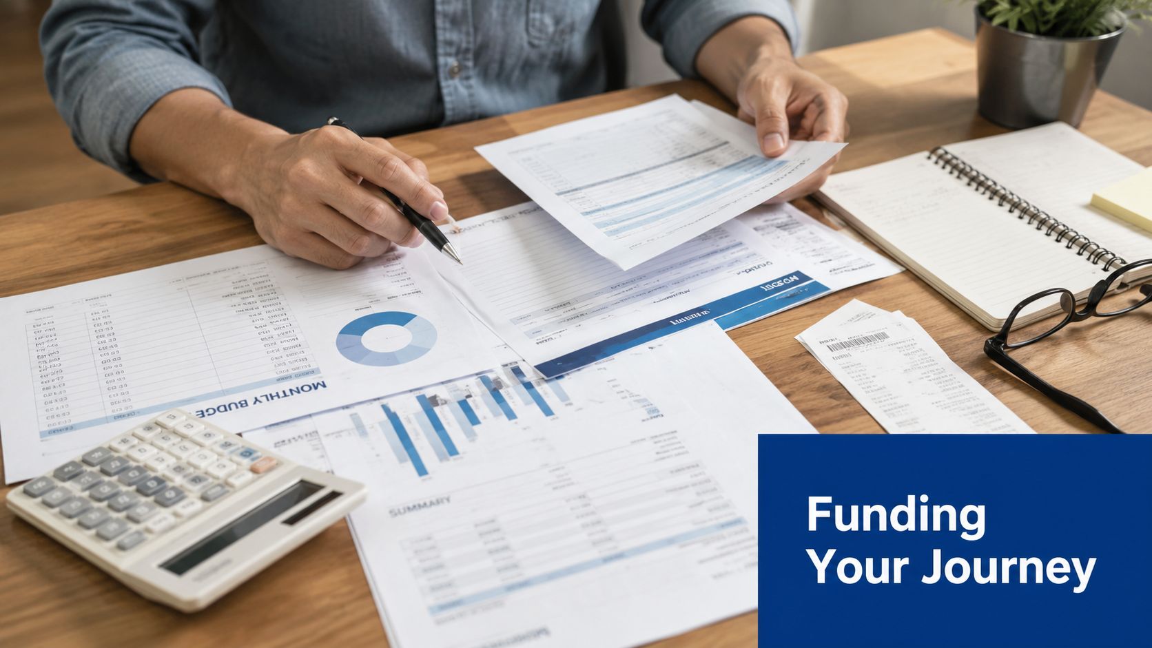A person reviewing financial budget documents and charts at a wooden desk with a calculator.