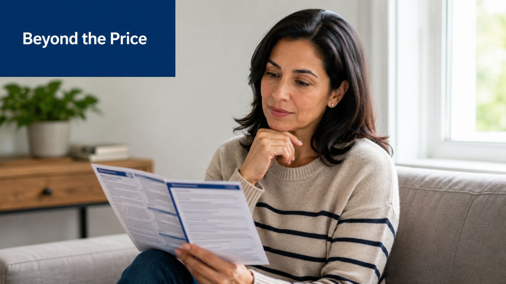 A woman sits on a sofa, thoughtfully reviewing information in a brochure about healthcare decisions.
