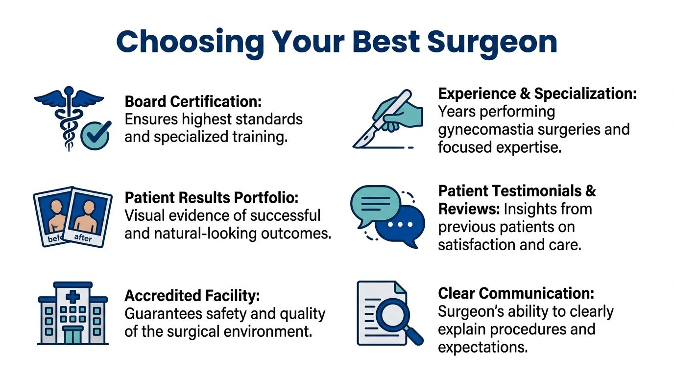 A guide infographic with six key factors to consider when choosing the best gynecomastia surgeon.