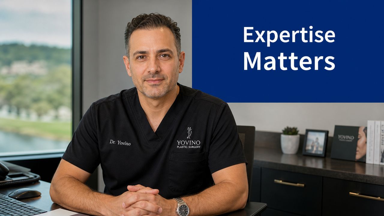 Dr. Yovino in his office, representing professional plastic surgery services with an expertise matters message.