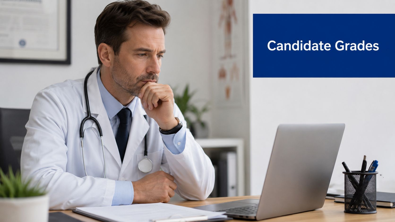 A male doctor in a white coat looks thoughtfully at a laptop screen in his office.