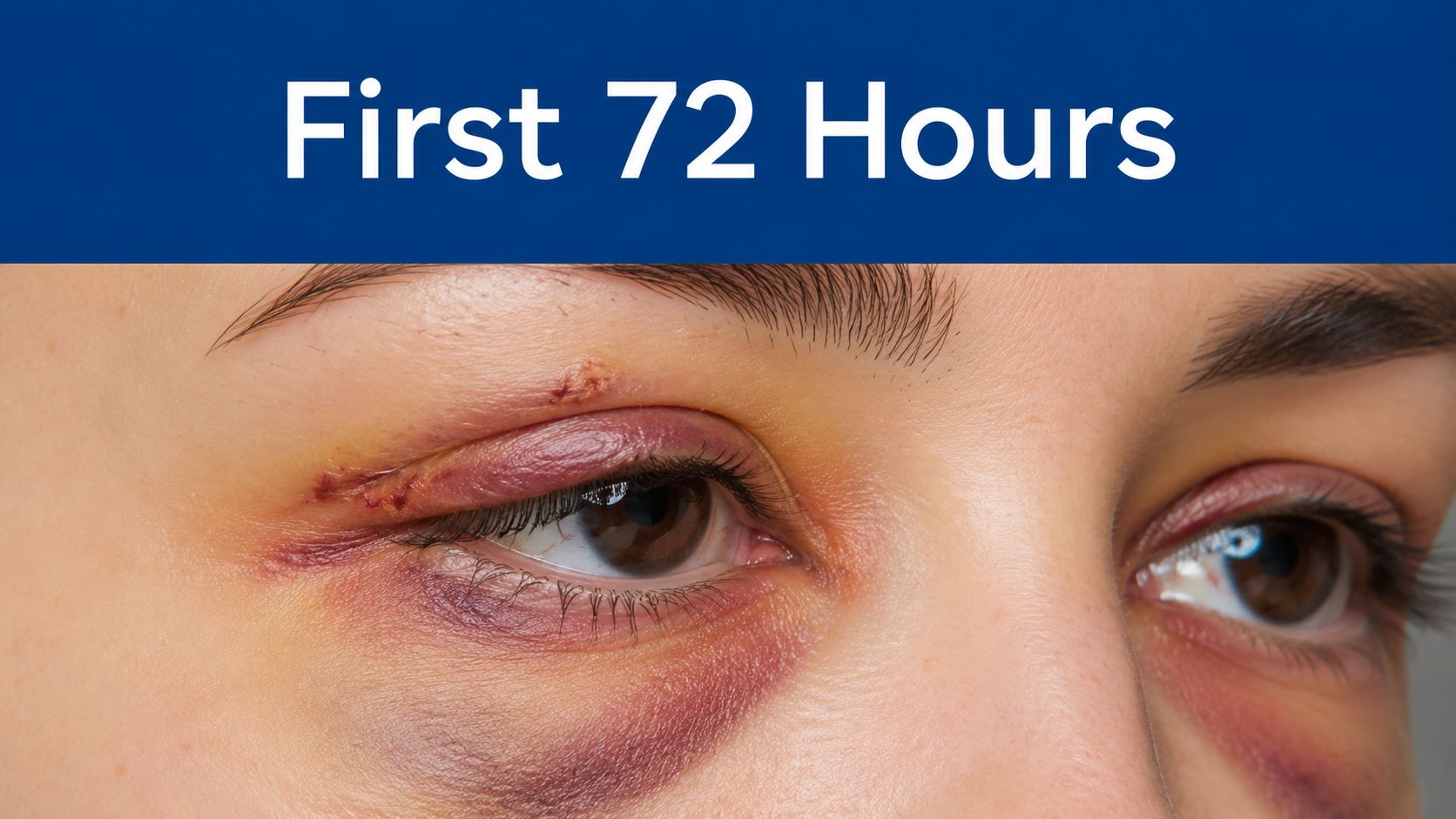 A close-up view of a woman's eyes showing bruising and stitches three days after eyelid surgery.