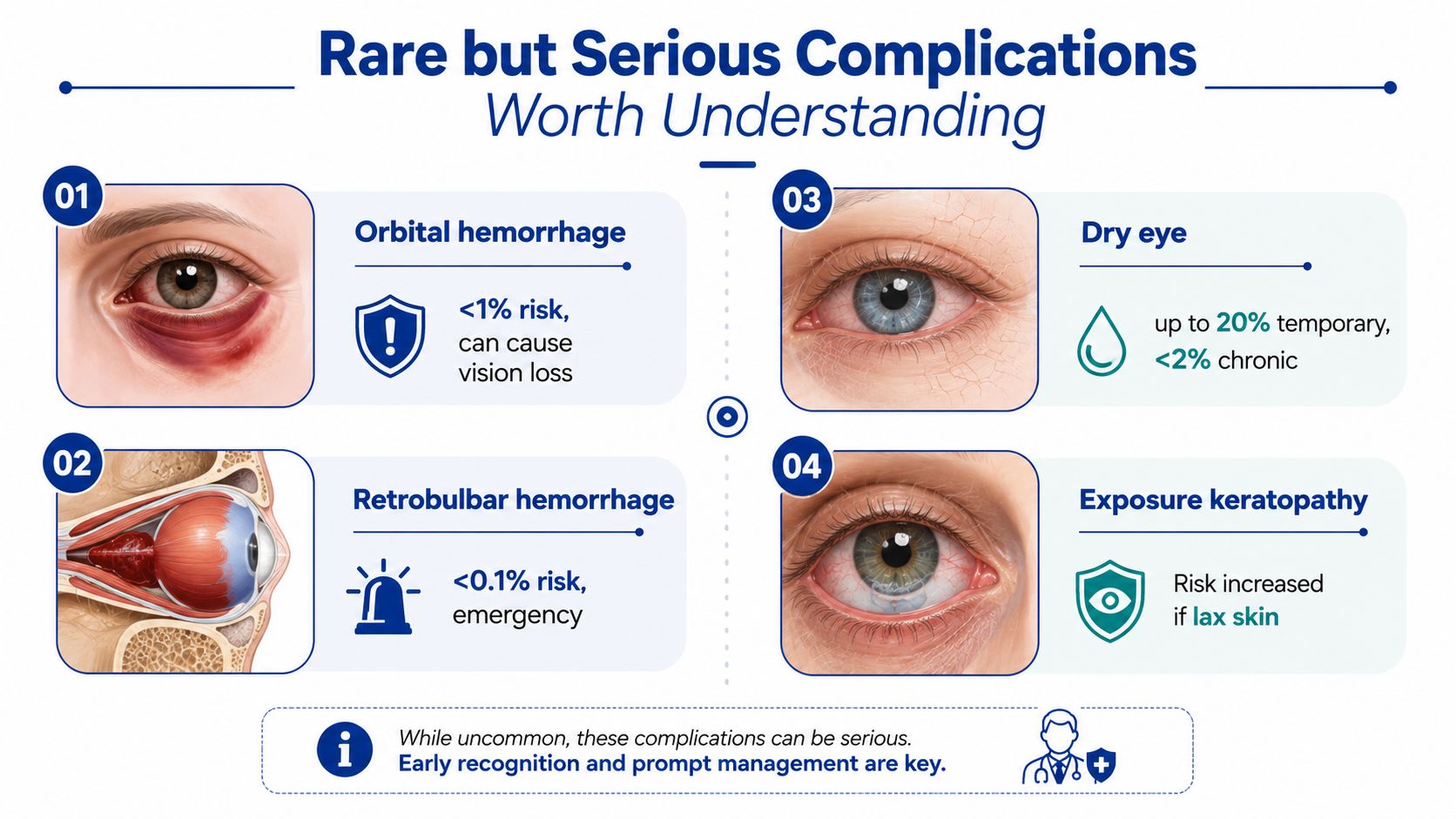 An infographic detailing four rare but serious complications of eyelid surgery, including orbital hemorrhage, dry eye, and keratopathy.