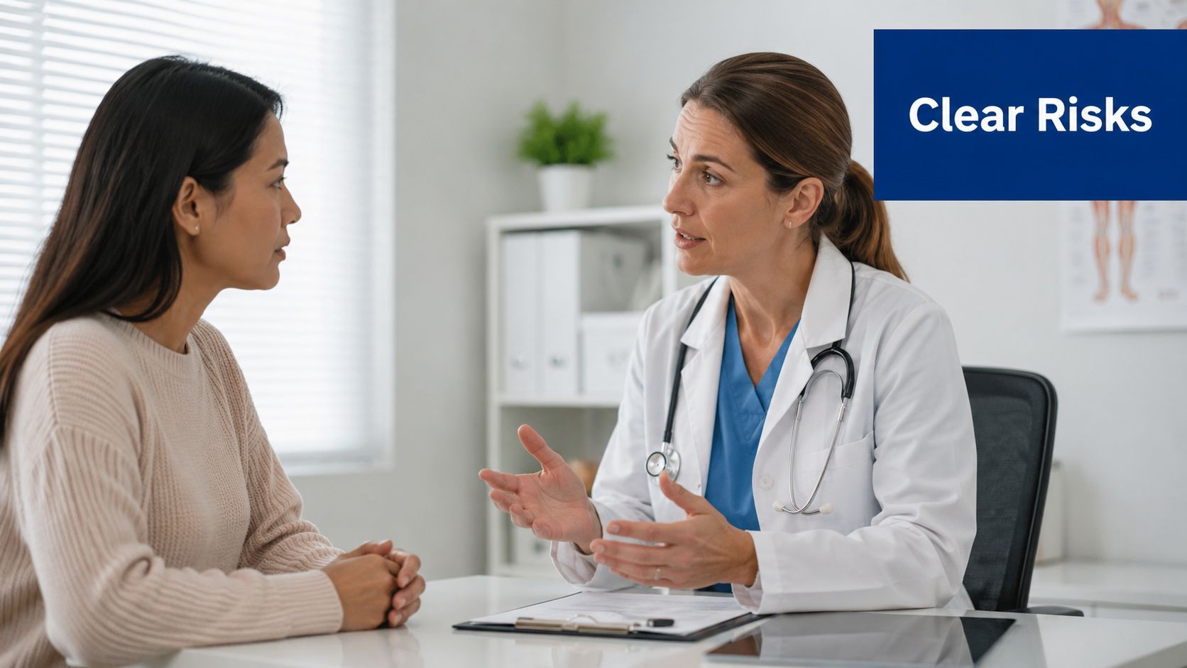 A female doctor talking to a patient during a consultation at a clinic office.