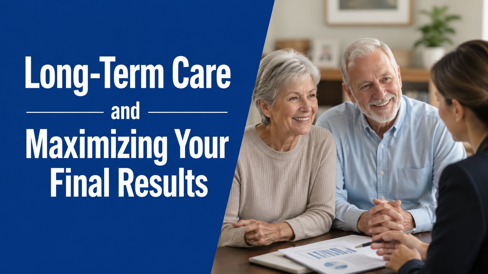 A professional financial advisor discusses long-term care plans with an elderly couple at a desk.