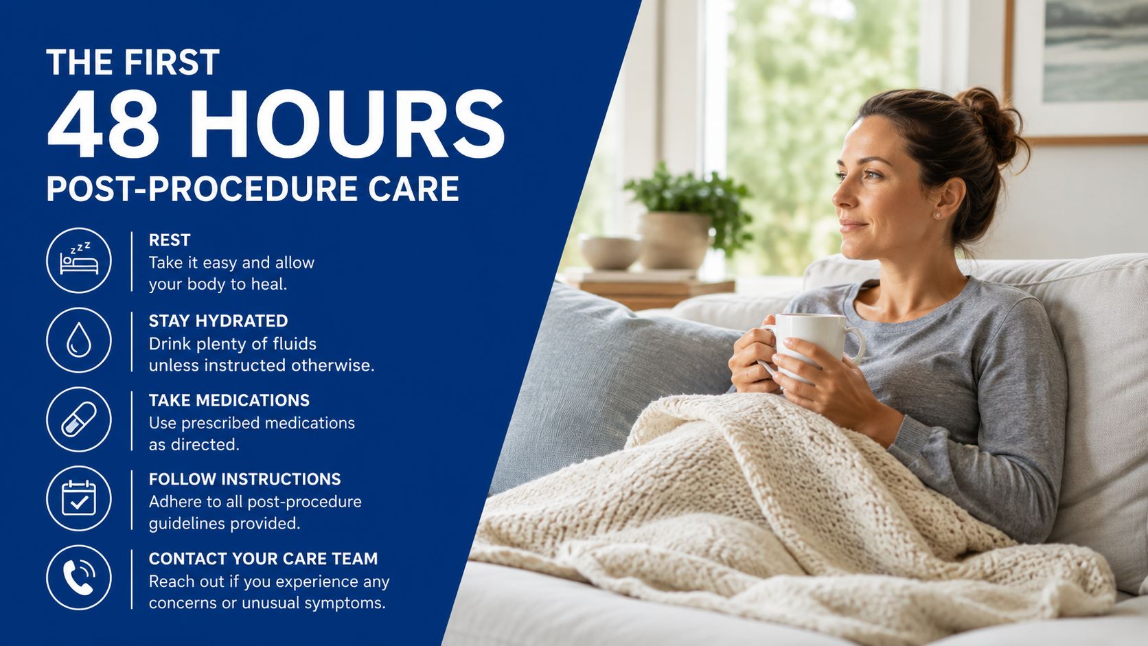 A woman resting on a couch holding a mug, accompanied by post-procedure care instructions for recovery.
