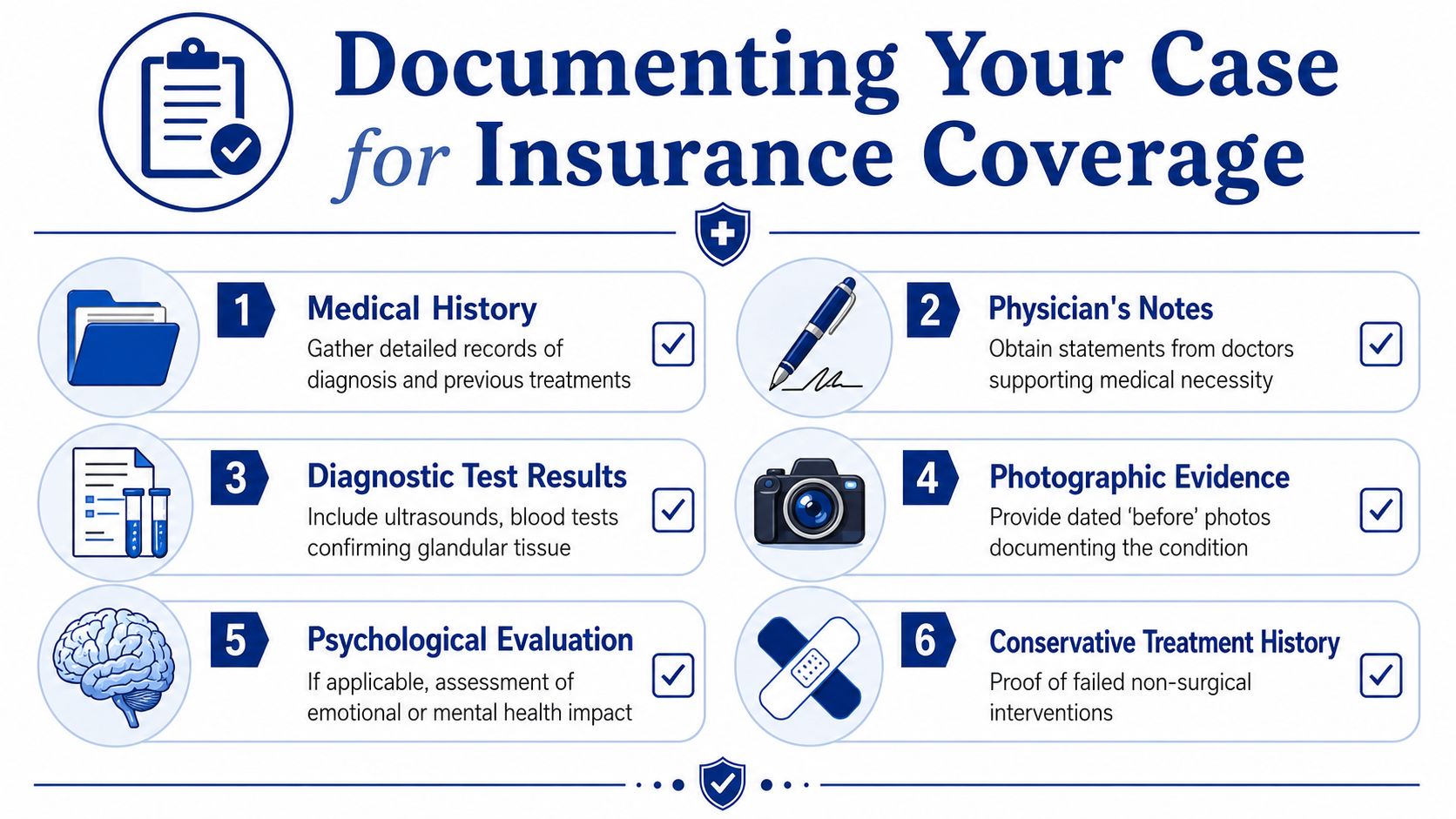 An infographic titled Documenting Your Case for Insurance Coverage outlining six steps for medical insurance claims.