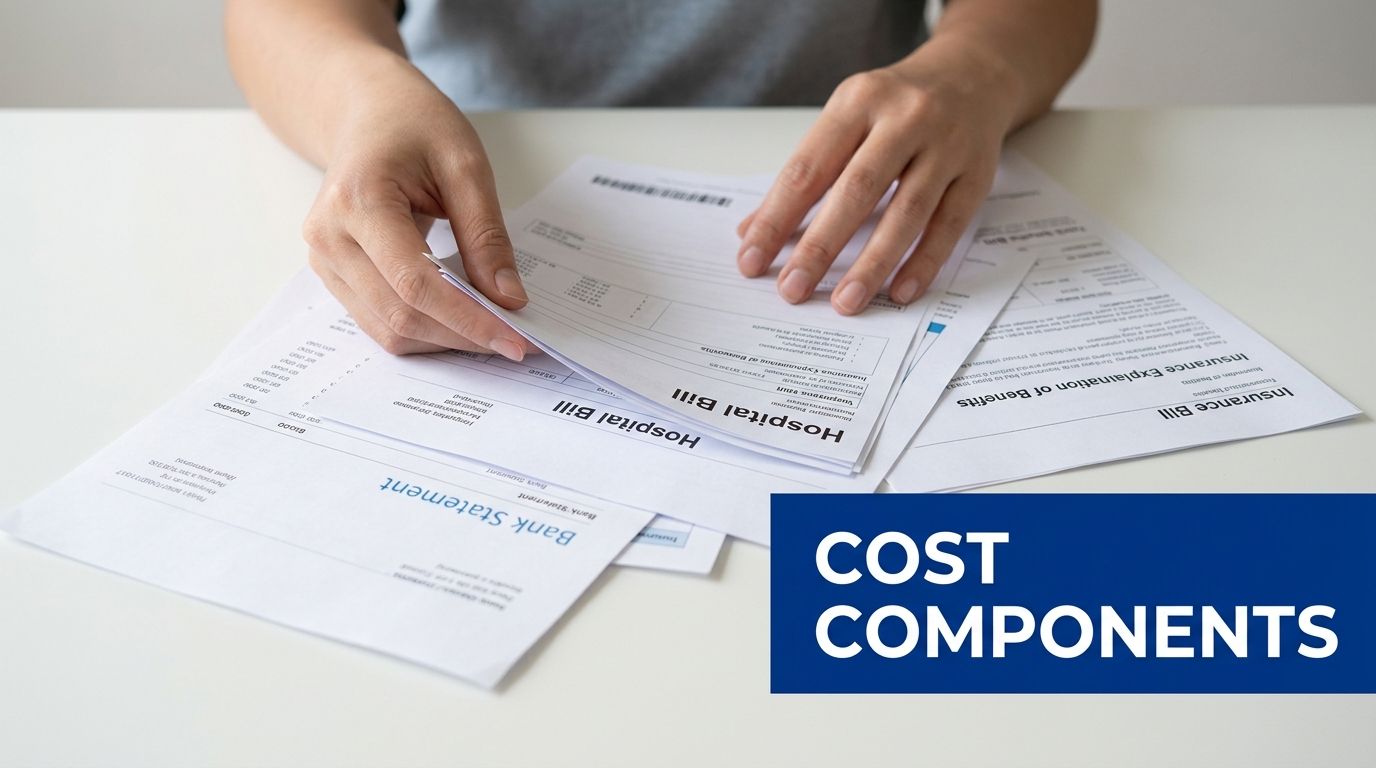 A person reviewing medical bills and insurance documents on a desk with a Cost Components text overlay.