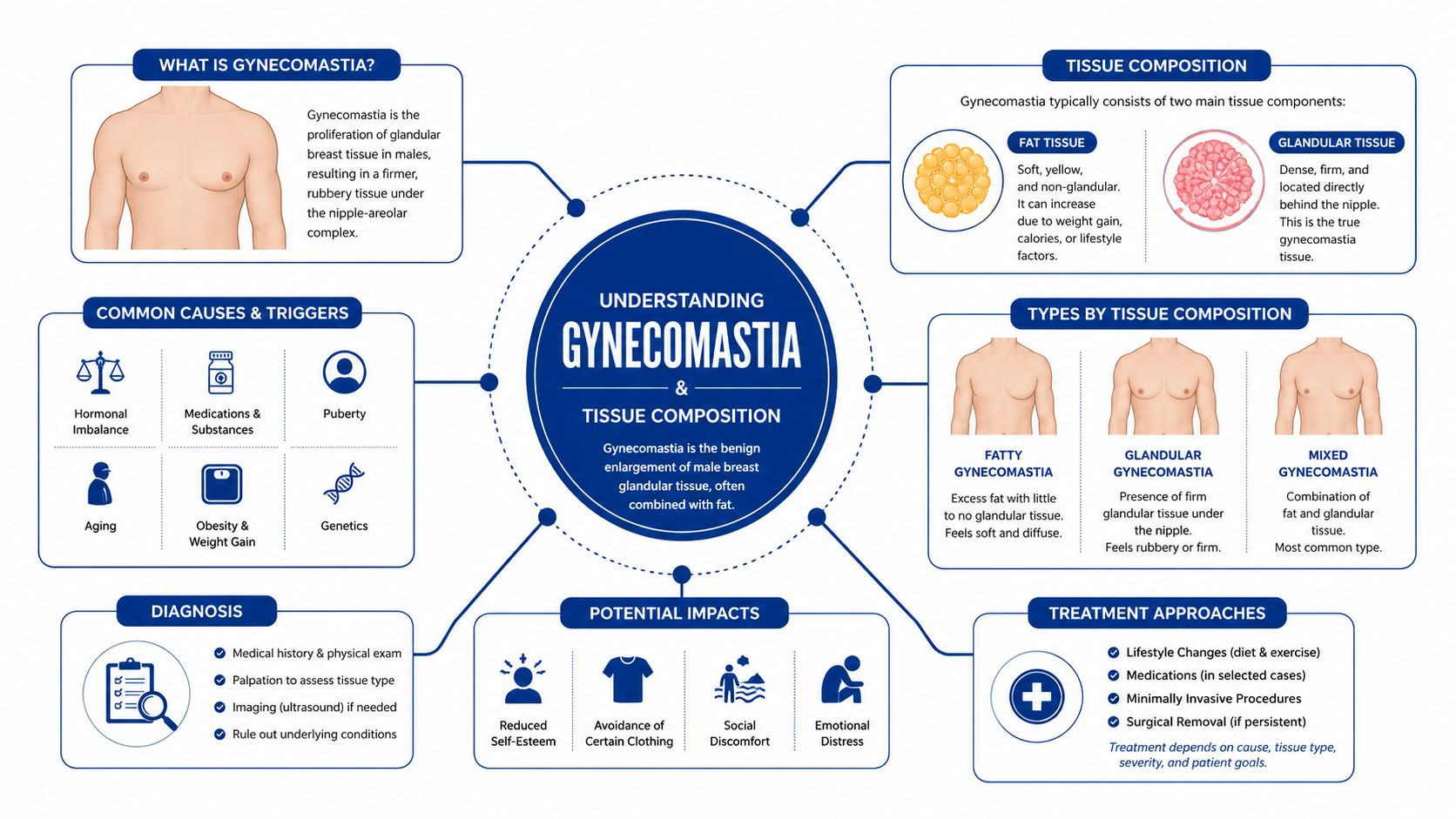 An infographic explaining gynecomastia, its causes, tissue composition, potential impacts, diagnosis, and available treatment options.