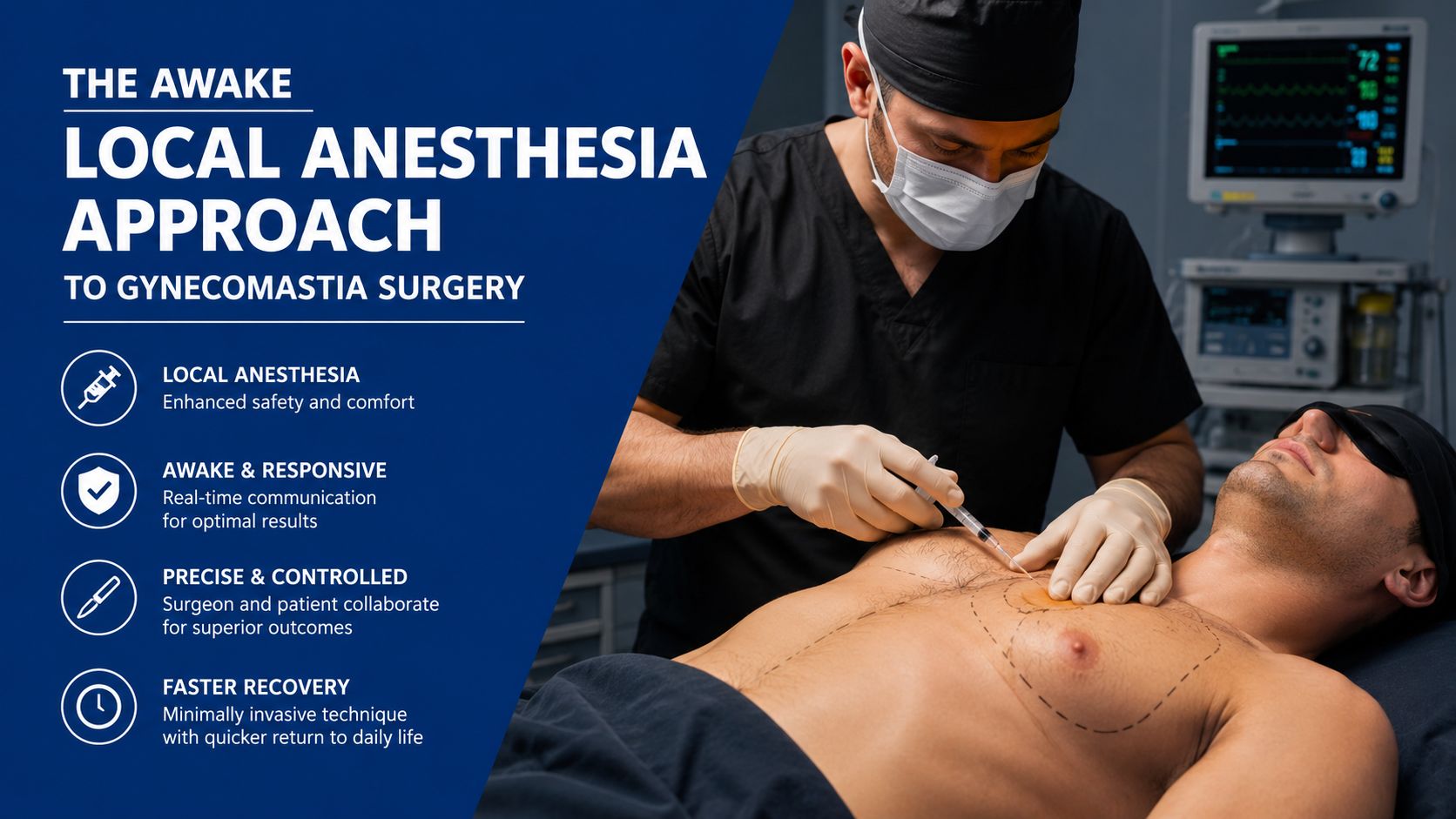 A surgeon performing gynecomastia surgery on an awake patient using a local anesthesia approach for optimal results.