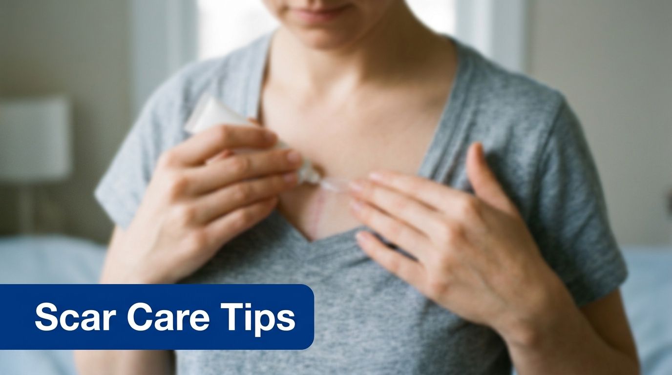 A person applying a topical scar cream to a healing surgical incision on their chest area.