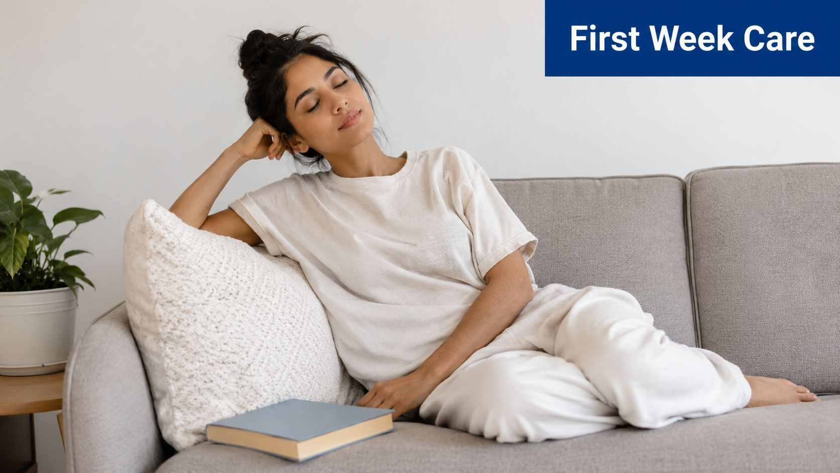 A woman resting peacefully on a comfortable gray sofa with a book nearby after gynecomastia surgery recovery.