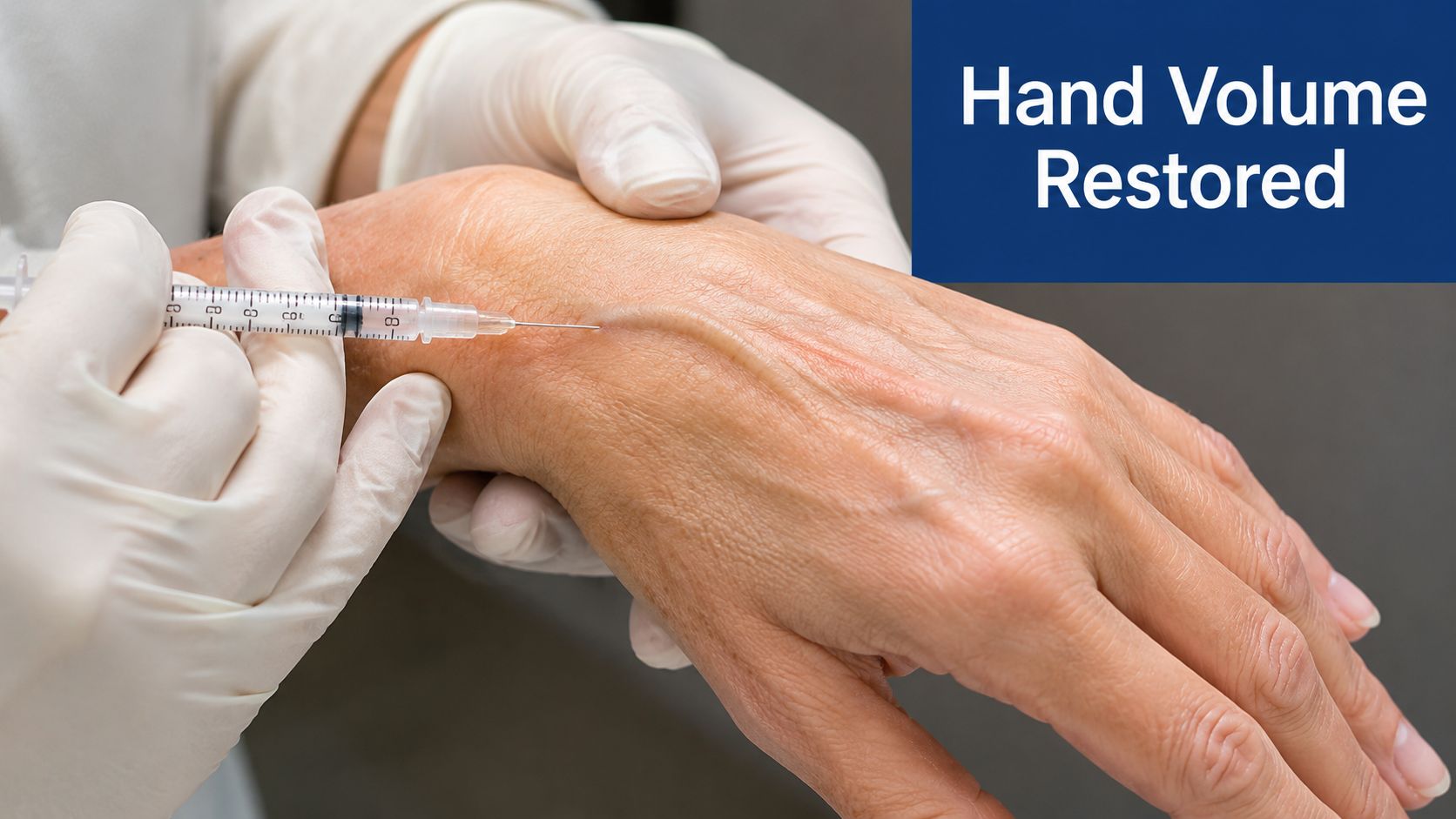 A dermatologist performing a dermal filler injection treatment to restore volume and youthfulness to a patient's hand.