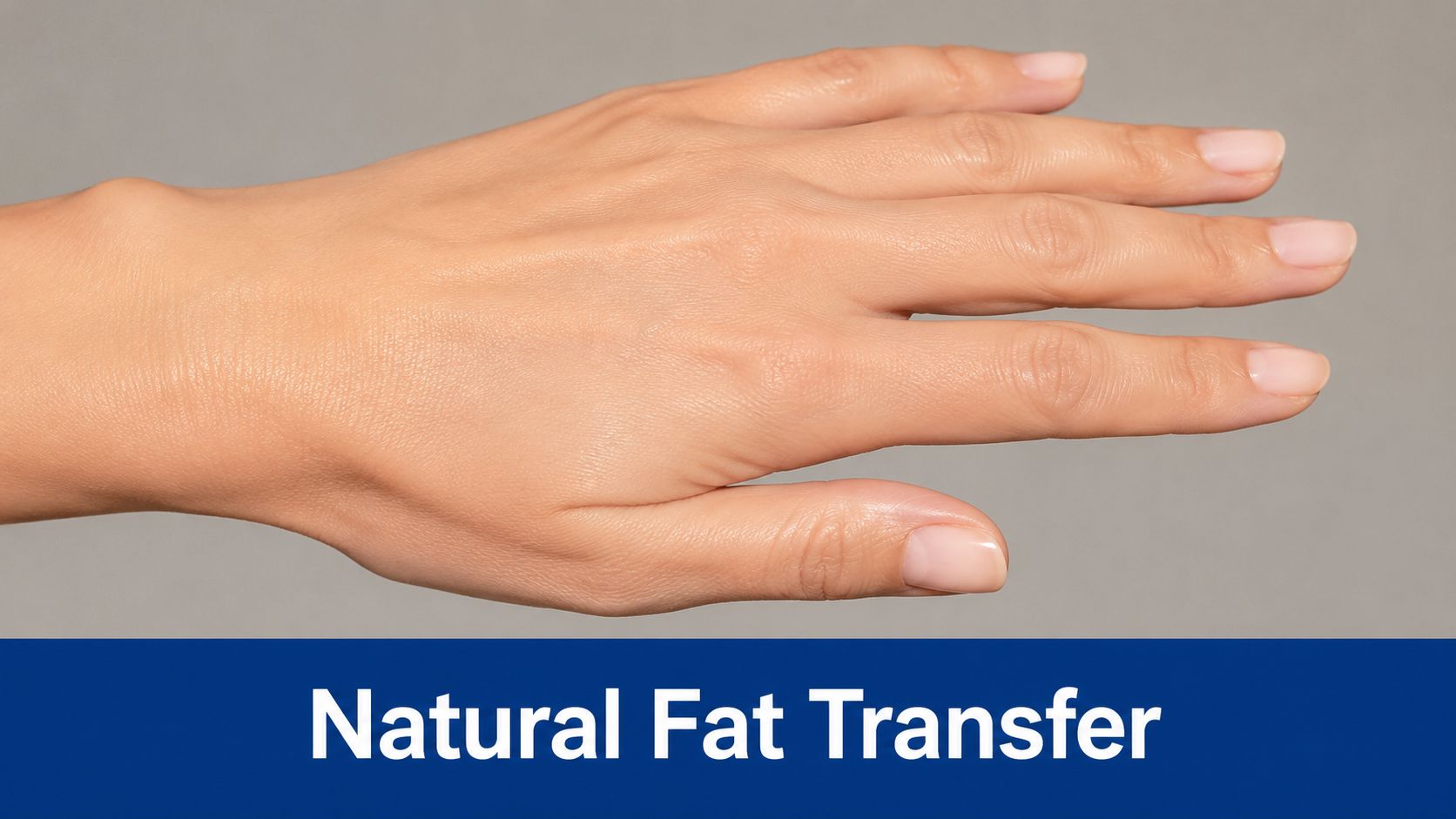 A close-up view of a woman's hand resting on a surface promoting natural fat transfer rejuvenation.