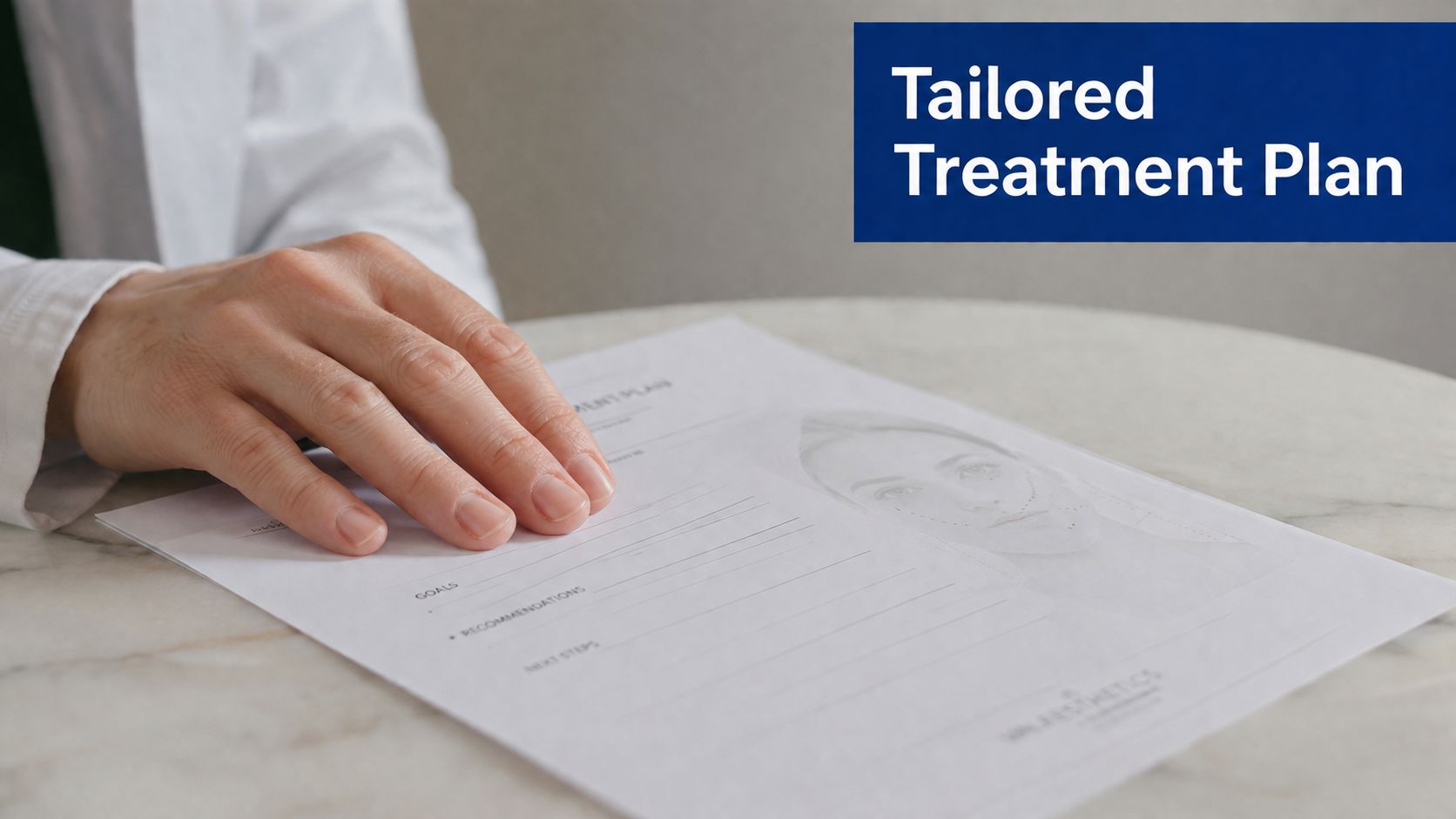 A person in a medical coat places a hand on a printed facial aesthetics treatment plan document.