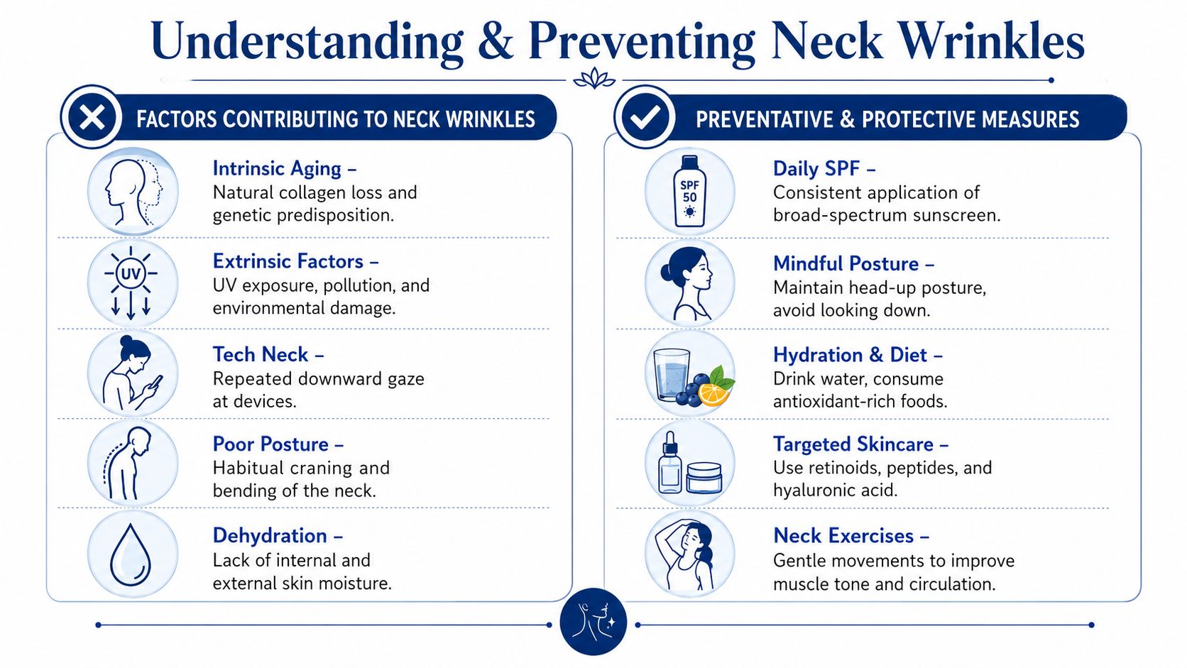 An infographic detailing the causes of neck wrinkles and effective preventative measures for healthier skin.
