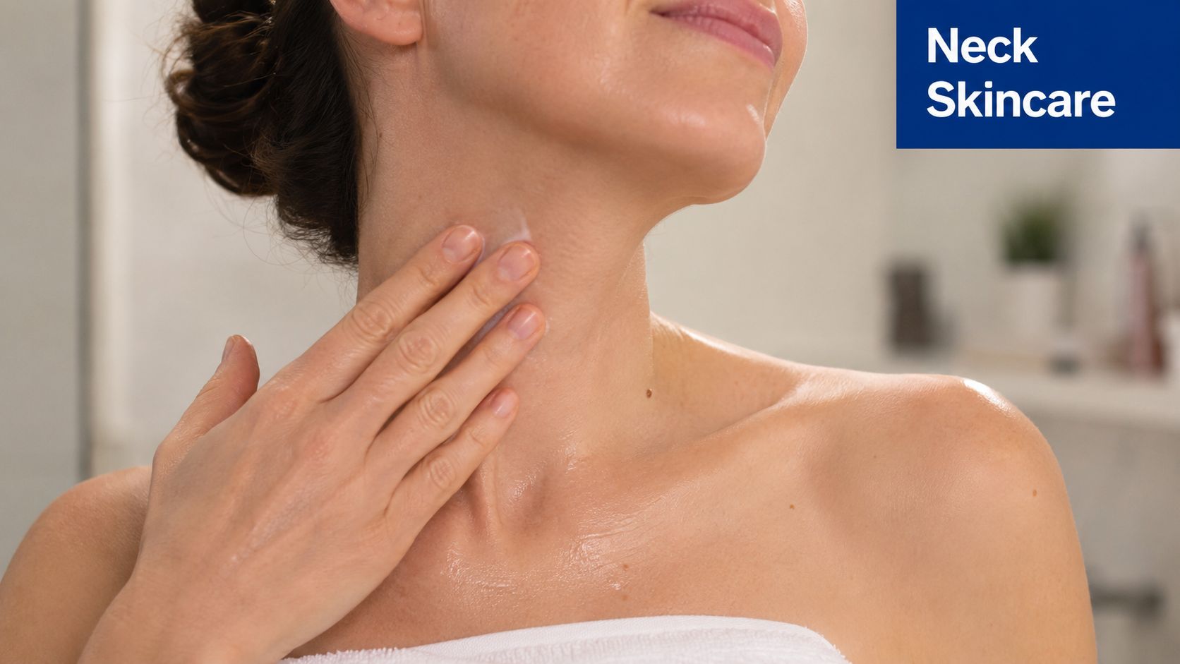 A woman applying skincare cream to her neck while looking in the mirror for beauty treatment.