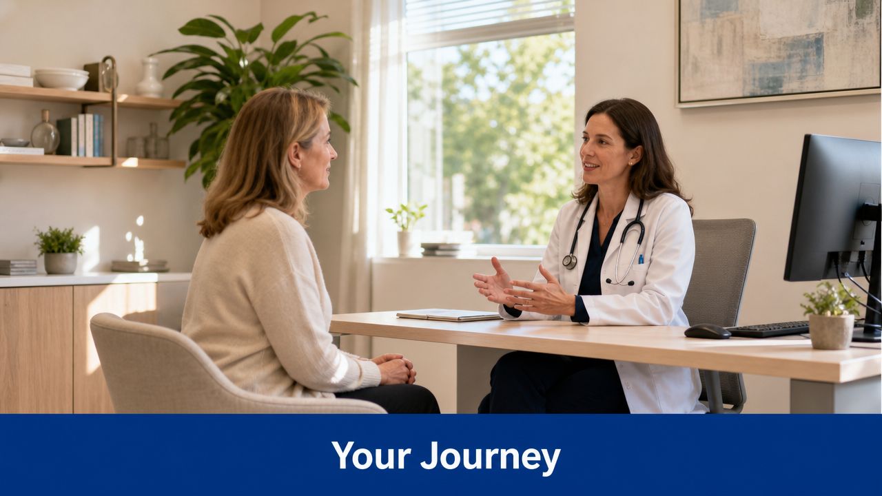 A female doctor in a white coat consulting with a female patient in a modern office clinic.