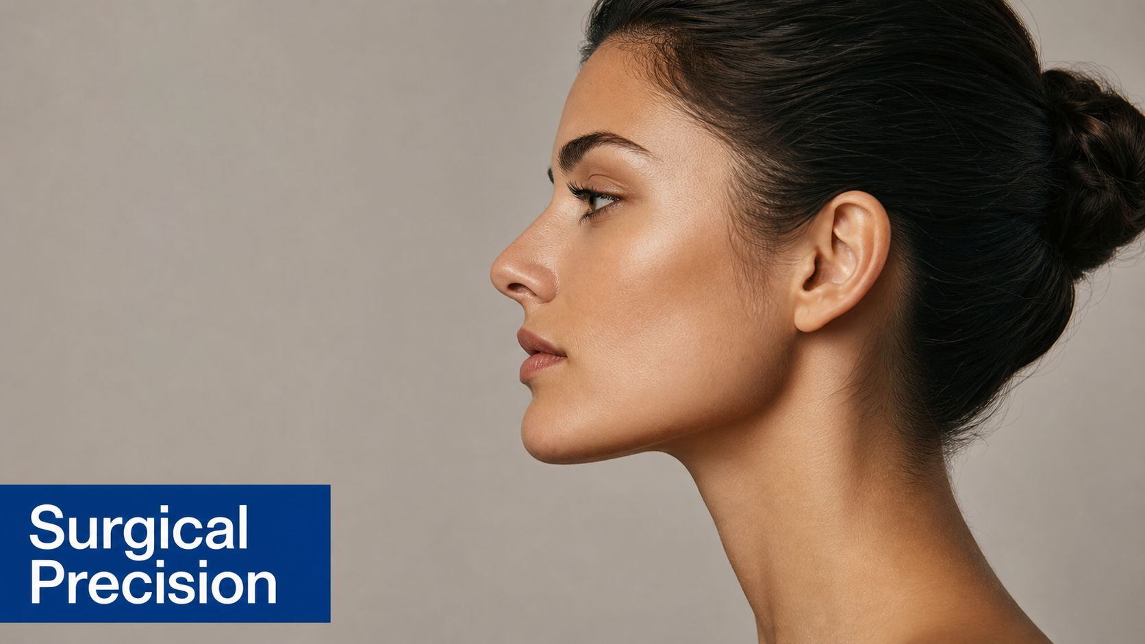 A professional profile portrait of a woman with defined facial features showcasing excellent jawline structure.