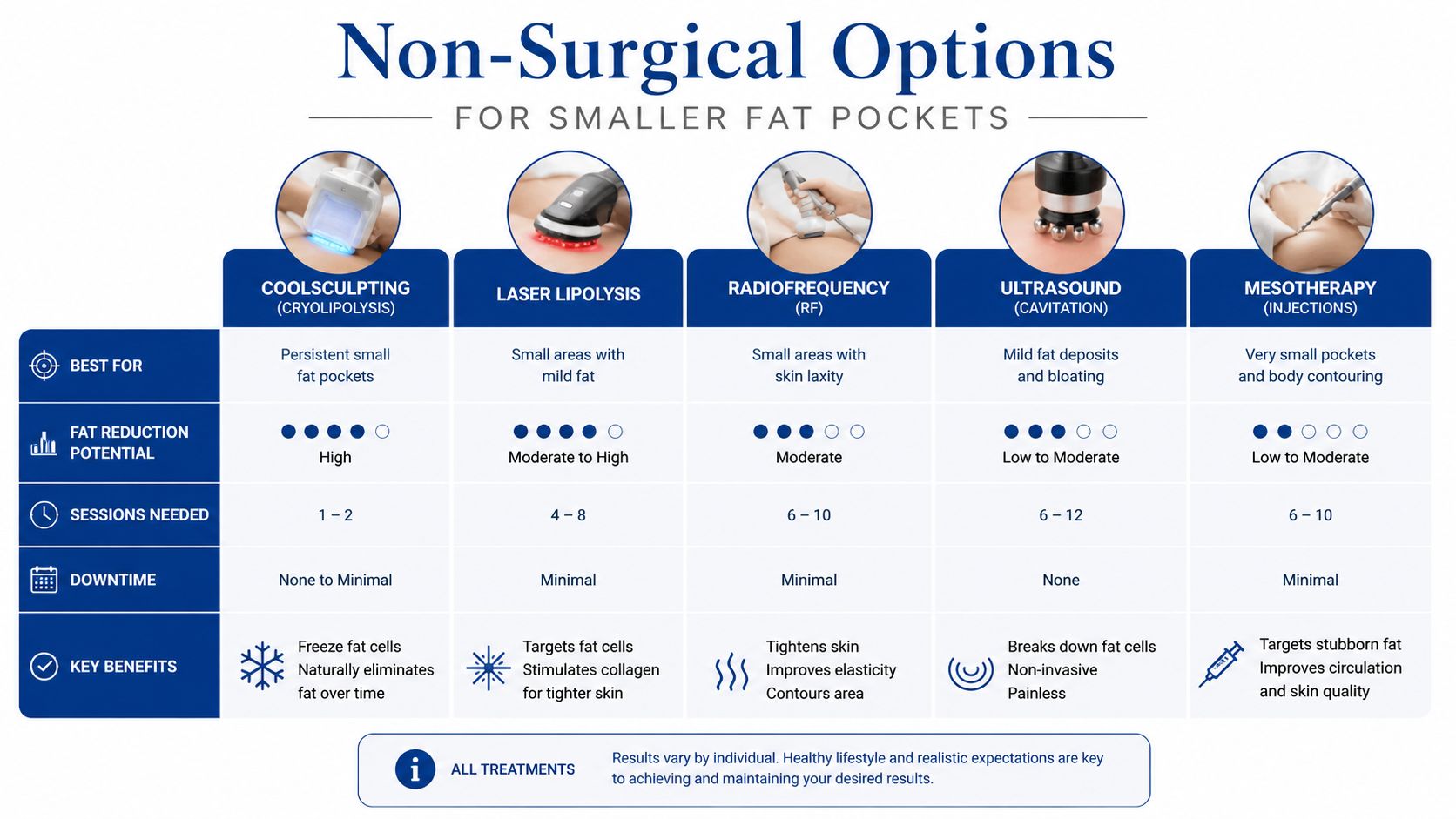 A comparison chart of non-surgical fat reduction options for removing love handles and small fat pockets.