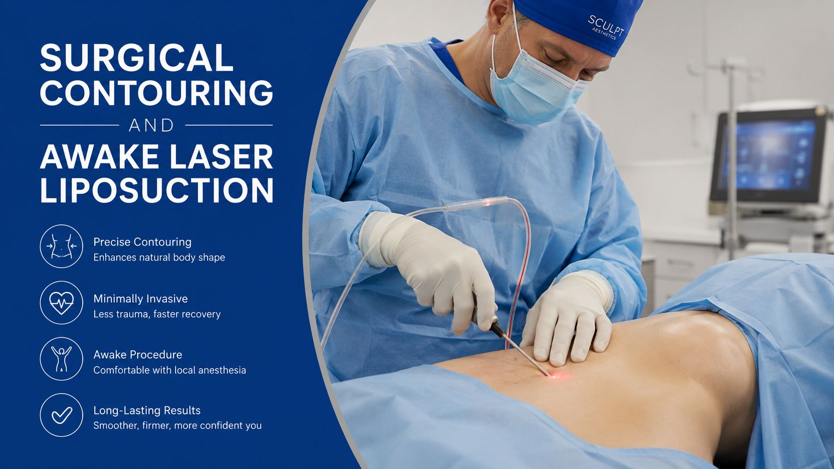 A surgeon performing awake laser liposuction on a patient in a medical setting for body contouring.