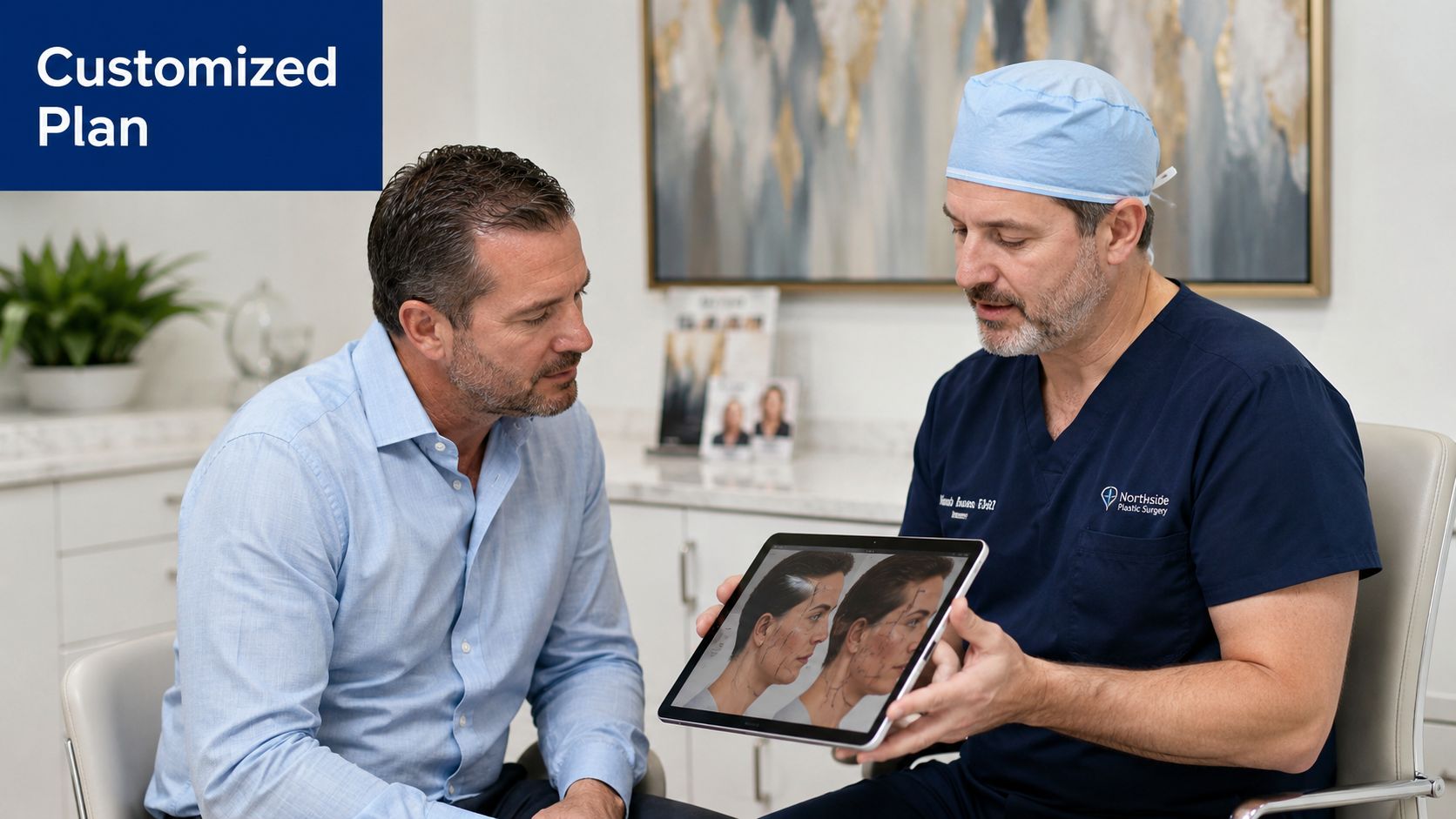 A plastic surgeon discusses a customized treatment plan with a patient using a digital tablet.