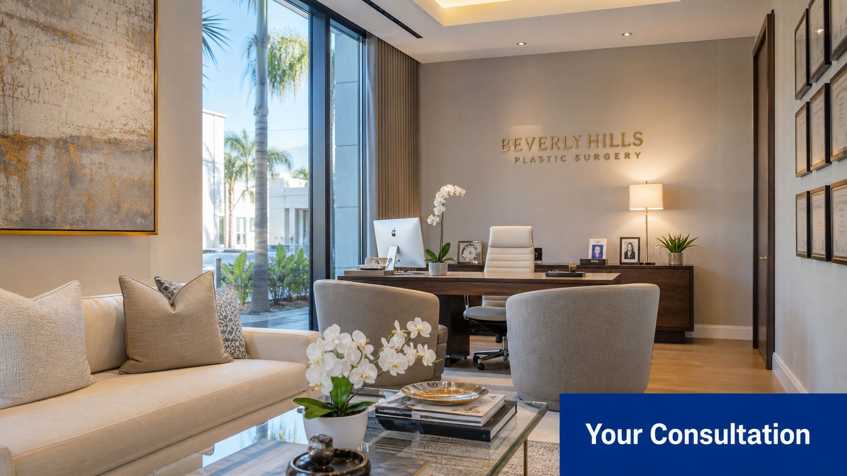 A modern and professional medical consultation office for Beverly Hills Plastic Surgery with comfortable furniture.
