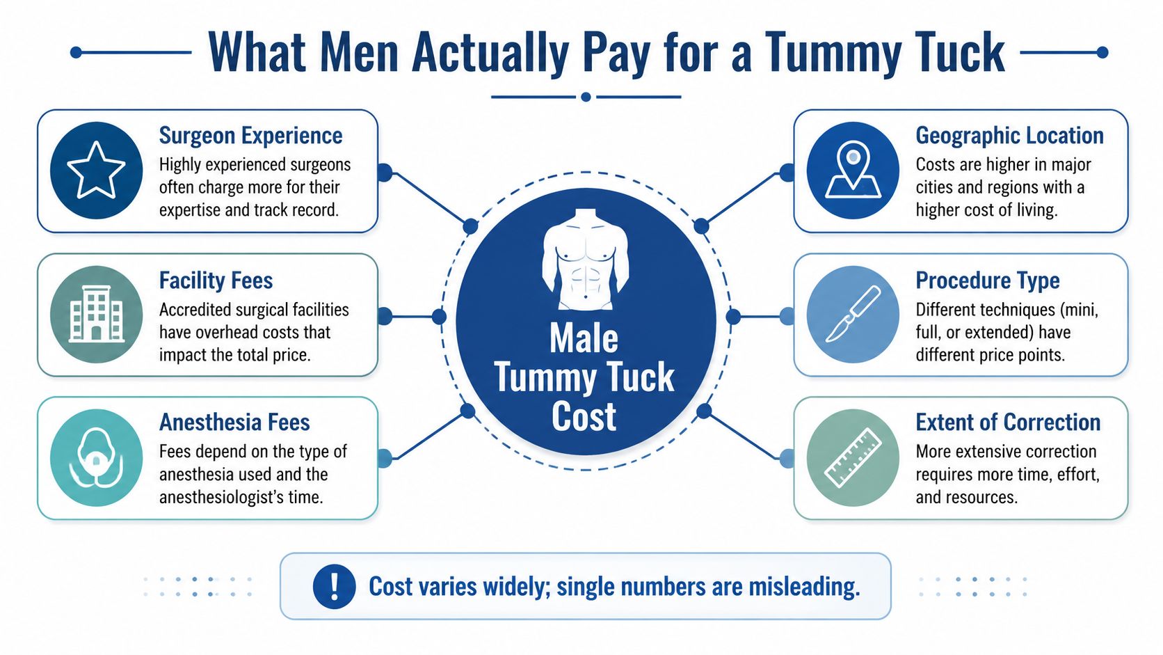 An infographic detailing the various factors that influence the total cost of a male tummy tuck procedure.