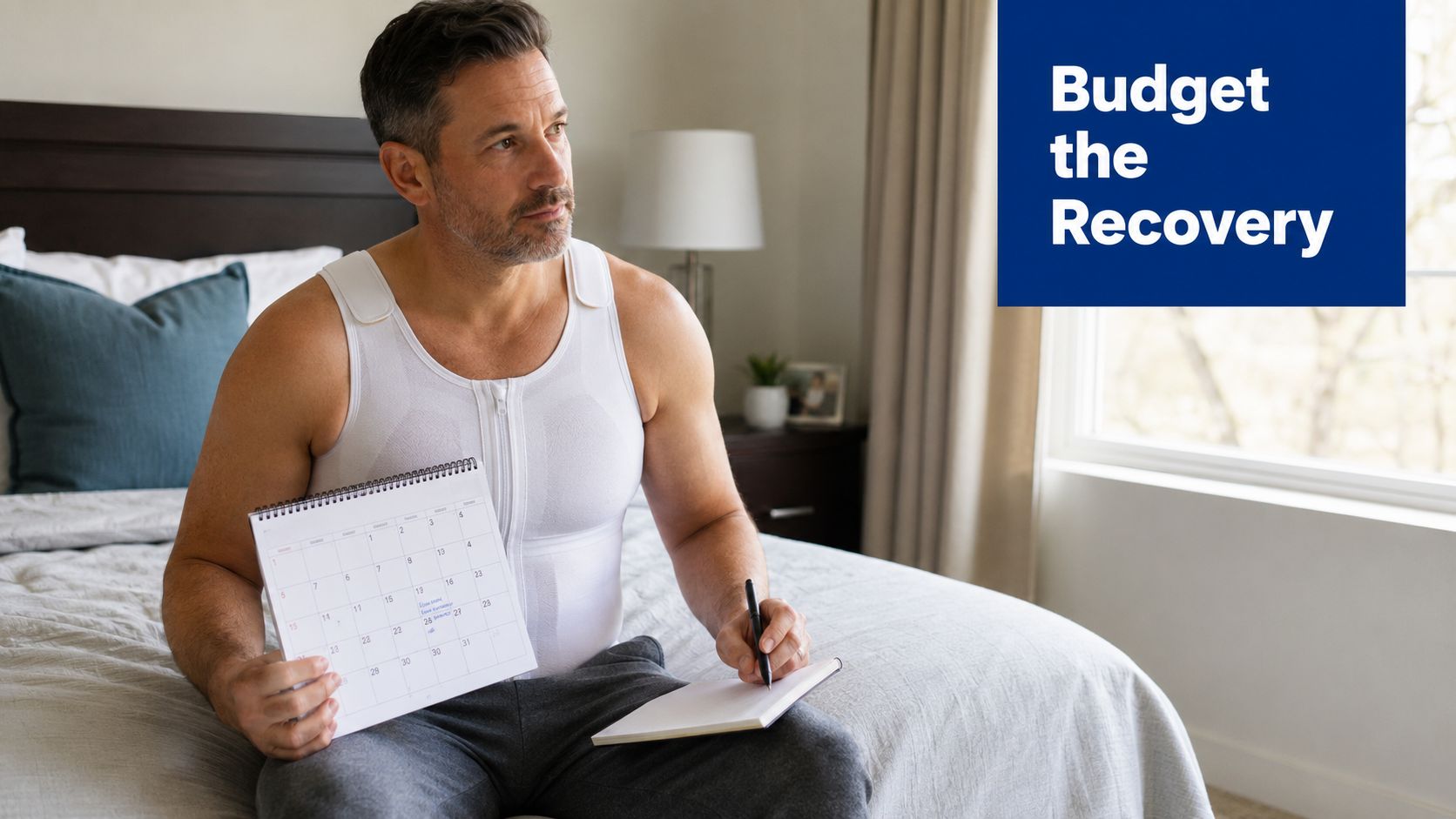 A man in a post-surgical compression garment planning his recovery timeline while sitting on a bed.