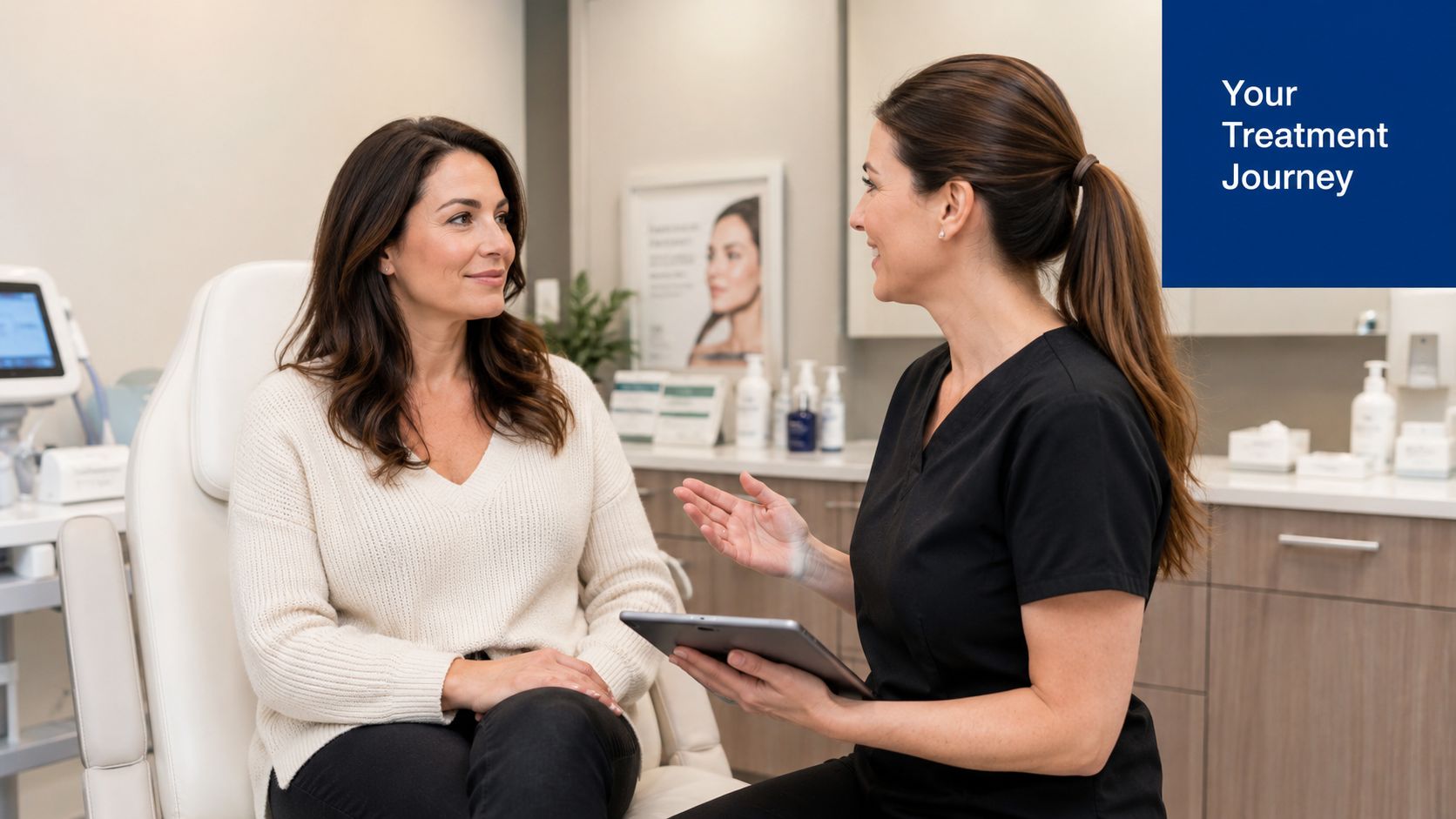 A professional aesthetician consulting with a female patient about her upcoming microneedling PRP treatment in a clinic.
