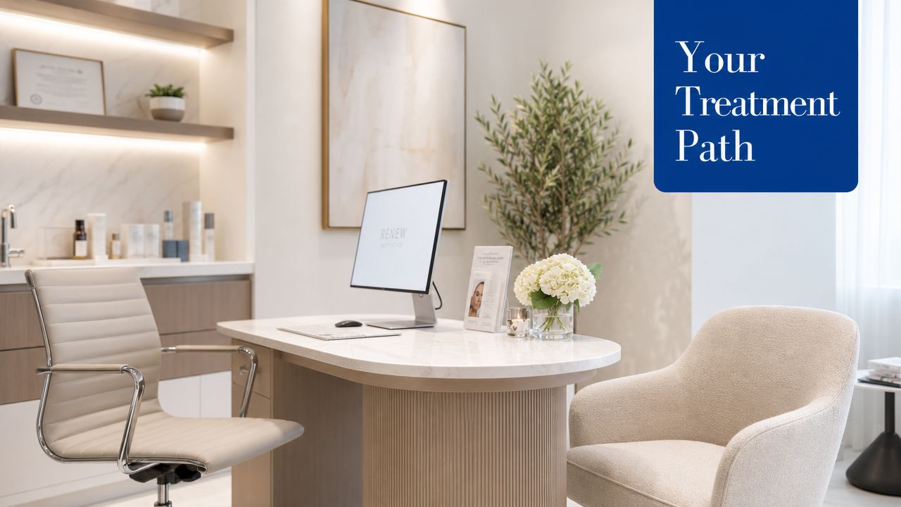 A modern and professional medical aesthetics consultation office with a desk, chairs, and calming decor elements.