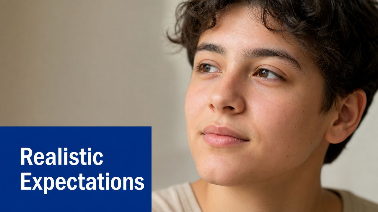 A close-up portrait of a young person with curly brown hair looking thoughtfully to the side.