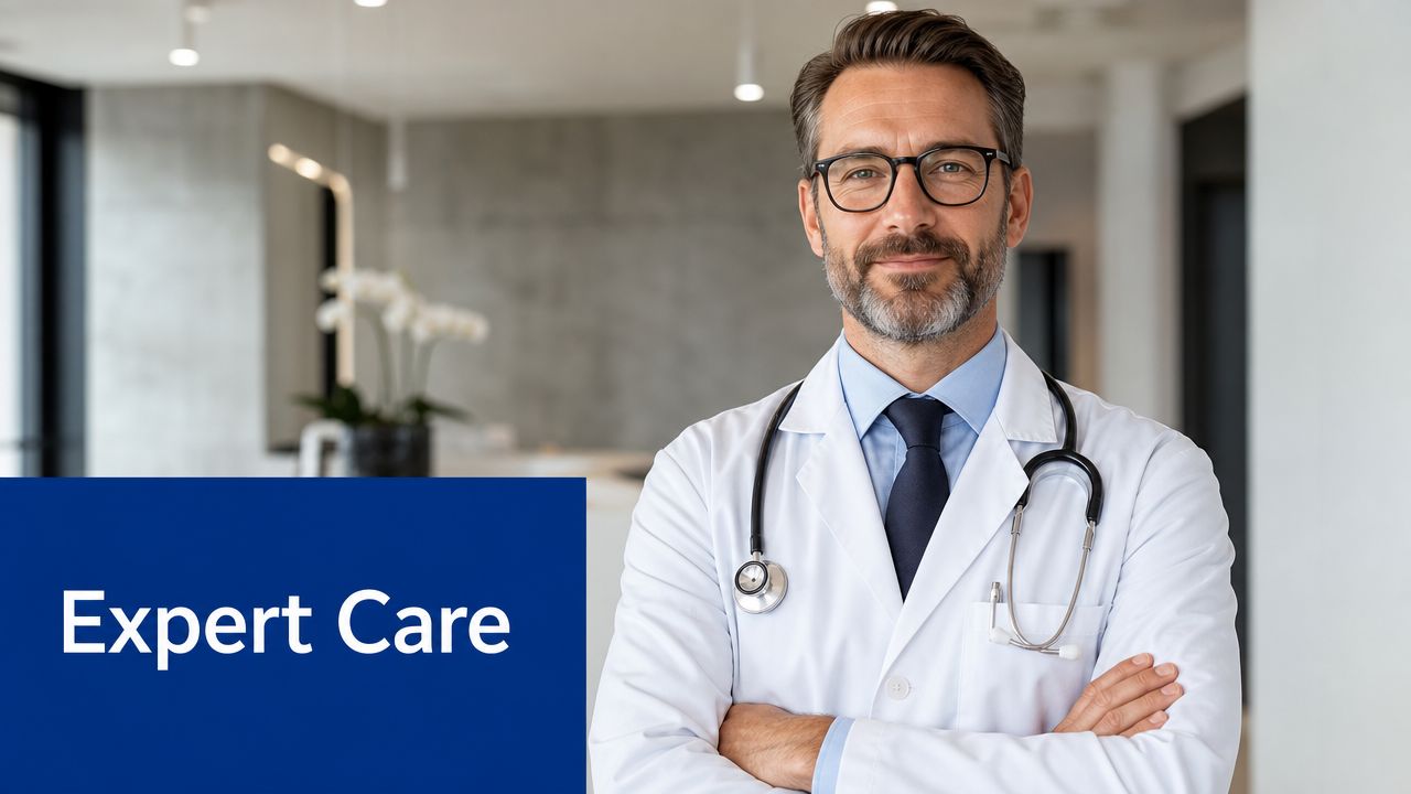 A professional male doctor in a white lab coat with a stethoscope around his neck.