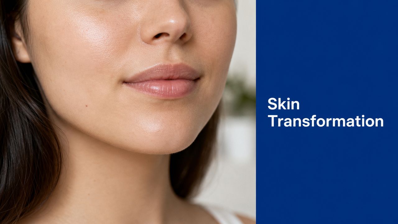 Close up of a person's glowing, smooth skin highlighting facial aesthetic improvement for skin transformation results.