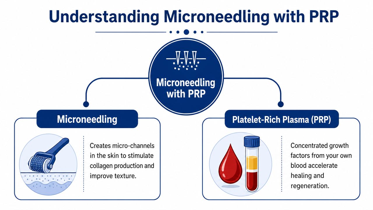 A diagram explaining microneedling with PRP by showing how micro-channels and growth factors promote skin regeneration.