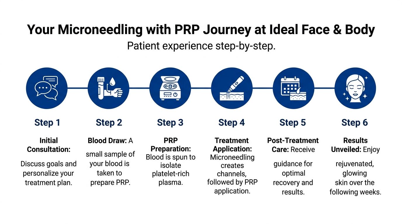 A step-by-step infographic illustrating the Microneedling with PRP treatment process at Ideal Face and Body.