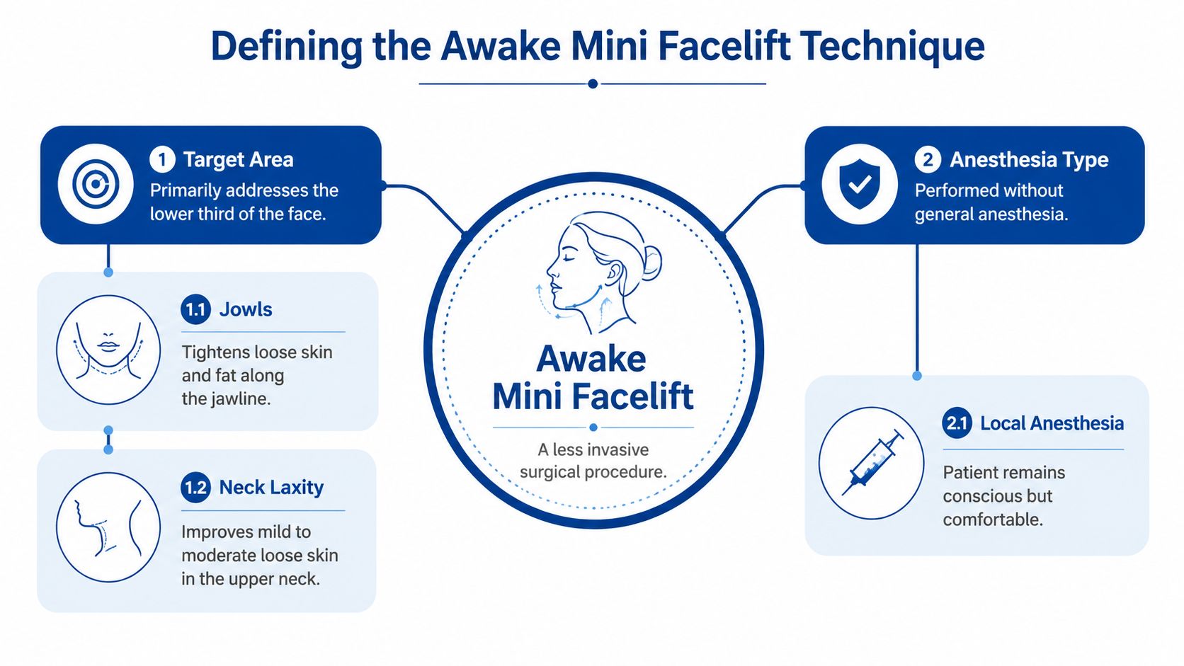 An infographic titled Defining the Awake Mini Facelift Technique, outlining target areas and local anesthesia details.