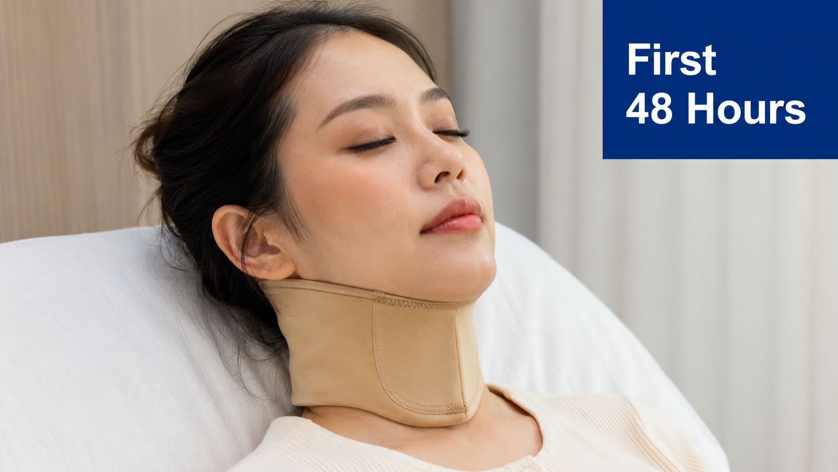 A young woman resting comfortably while wearing a beige neck support compression garment for recovery.