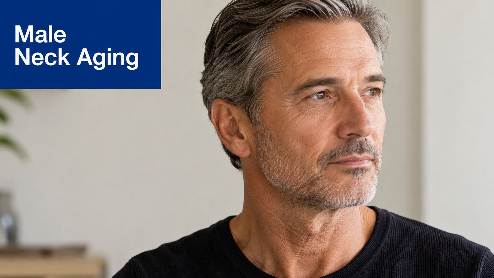 A middle-aged man with graying hair, side profile view, showcasing signs of natural neck aging.