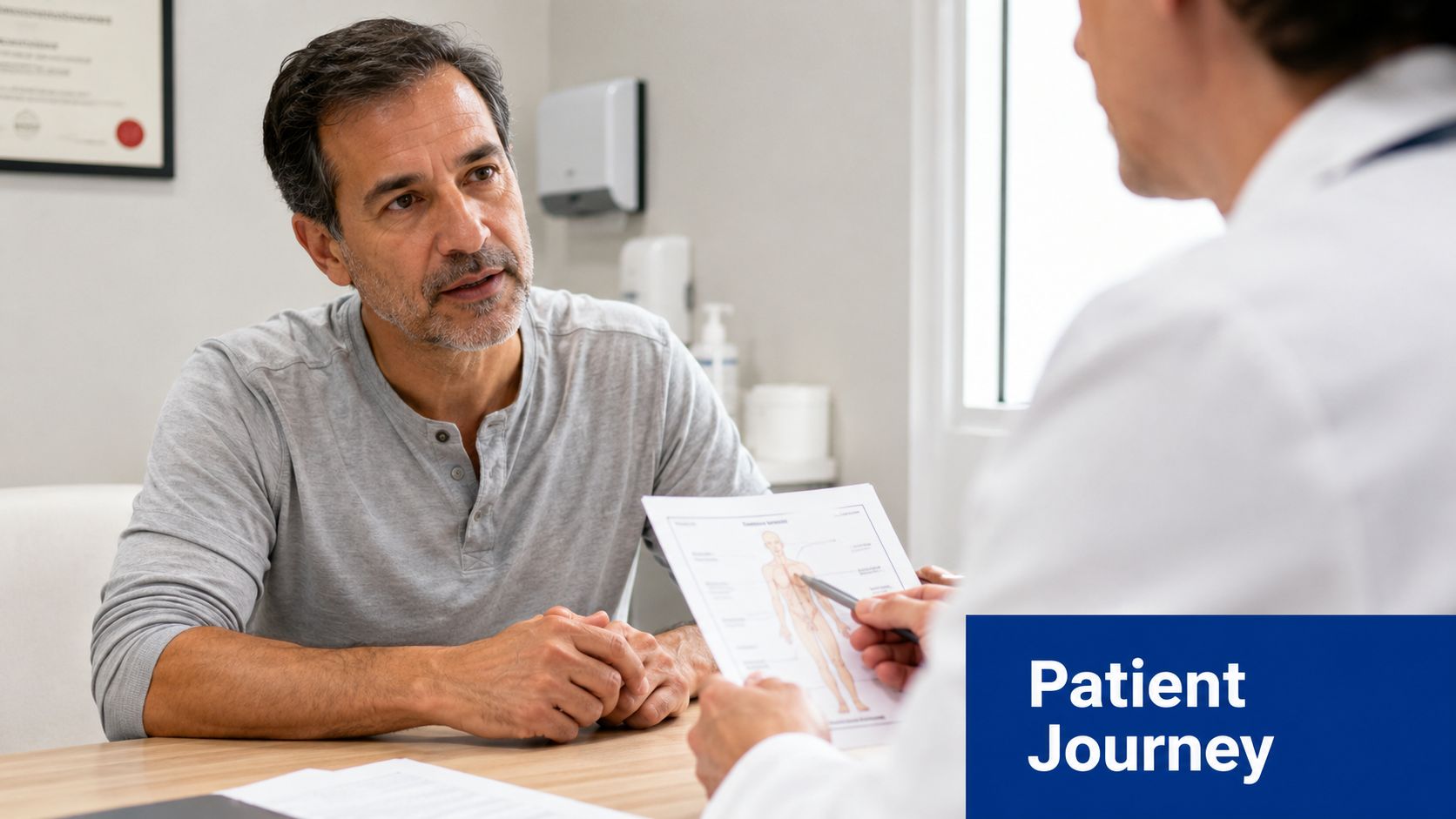 A middle-aged man having a consultation with his doctor while looking at an anatomical medical diagram.