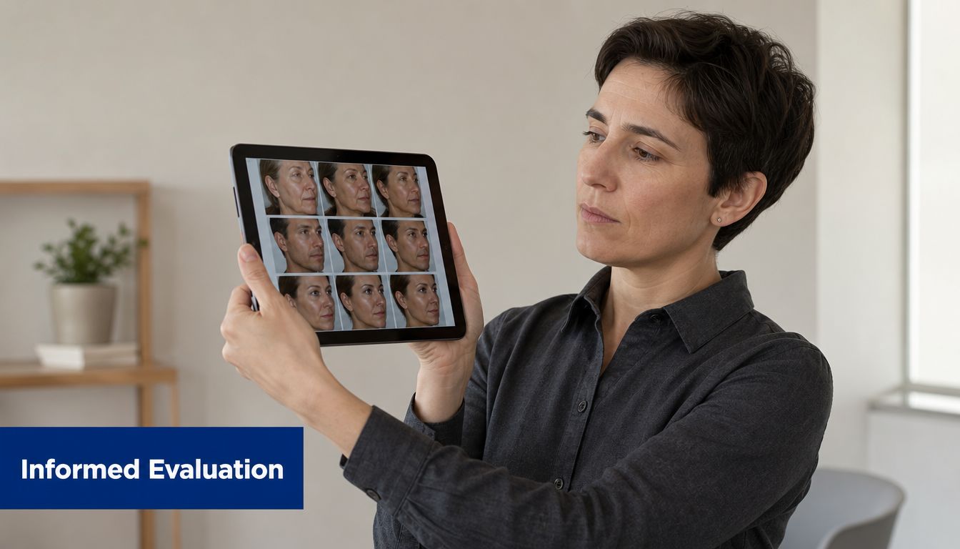 A professional analyzing a tablet showing multiple before and after facial profile photos for rhinoplasty surgery.