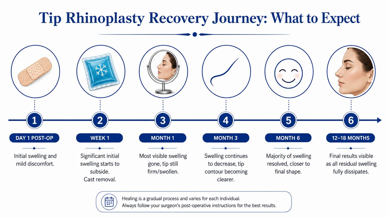 An infographic illustrating the six-stage timeline of recovery following a tip rhinoplasty surgical procedure.