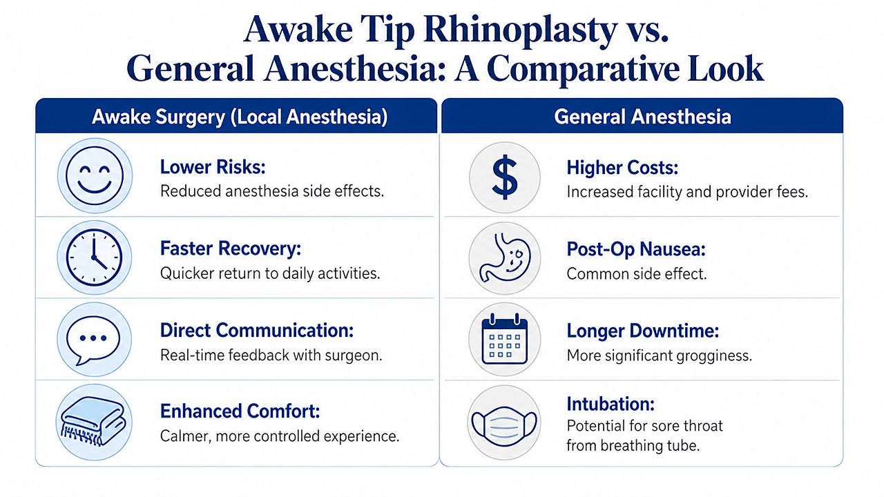 A comparison chart showing the benefits of Awake Tip Rhinoplasty versus traditional General Anesthesia surgery options.