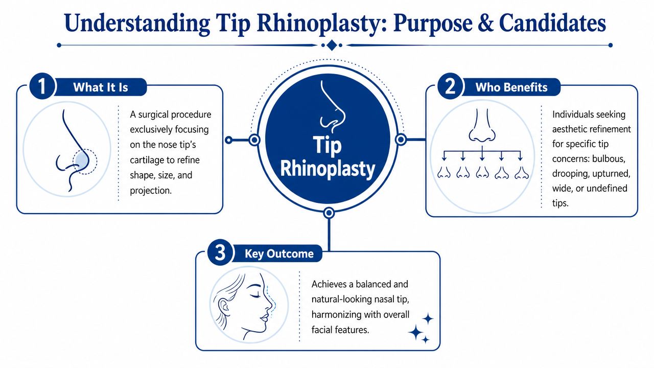 An infographic explaining the purpose and candidates for tip rhinoplasty surgery to refine nasal cartilage structure.