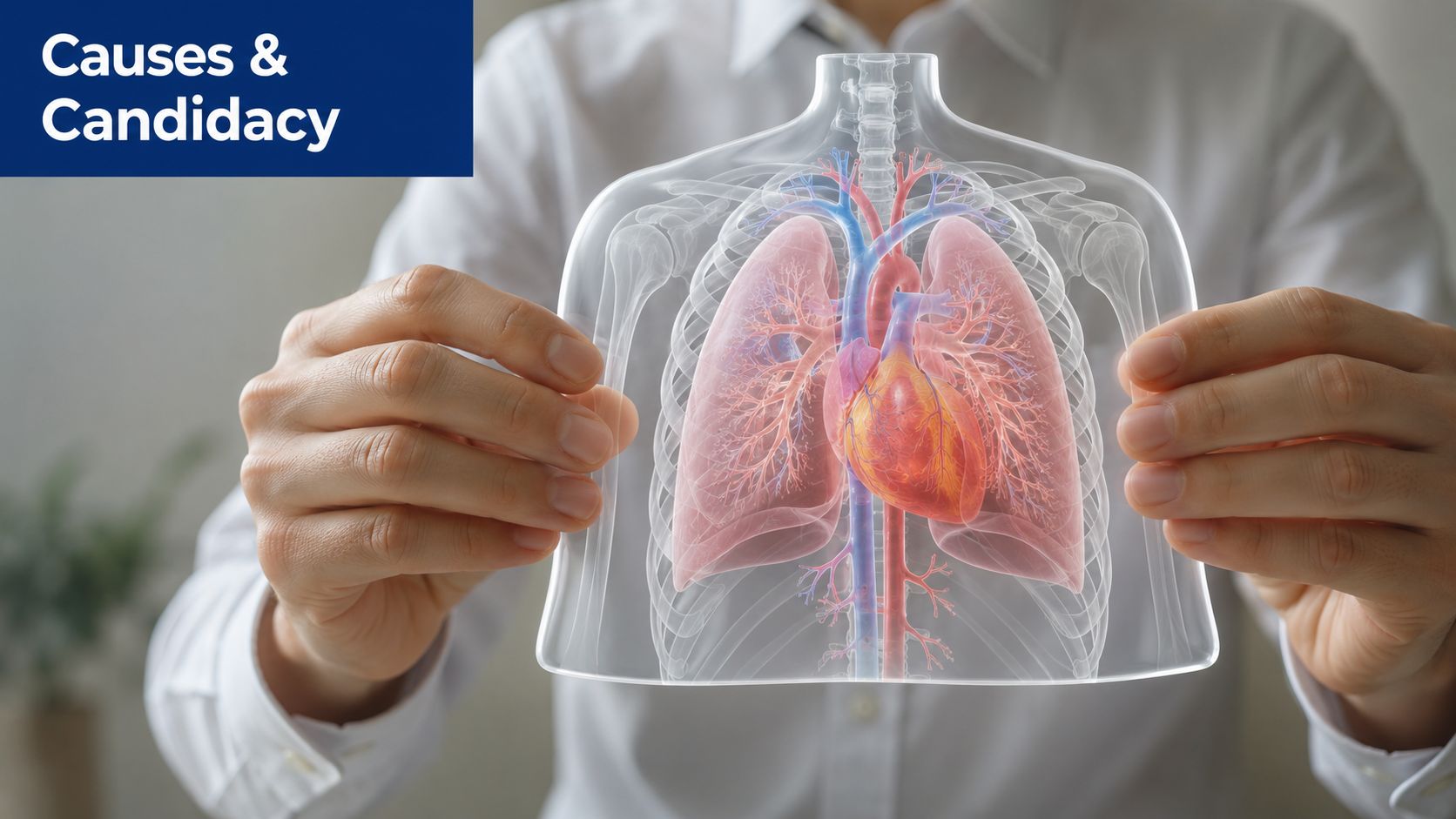 A professional holding a 3D translucent medical model of the human chest, including heart and lungs.