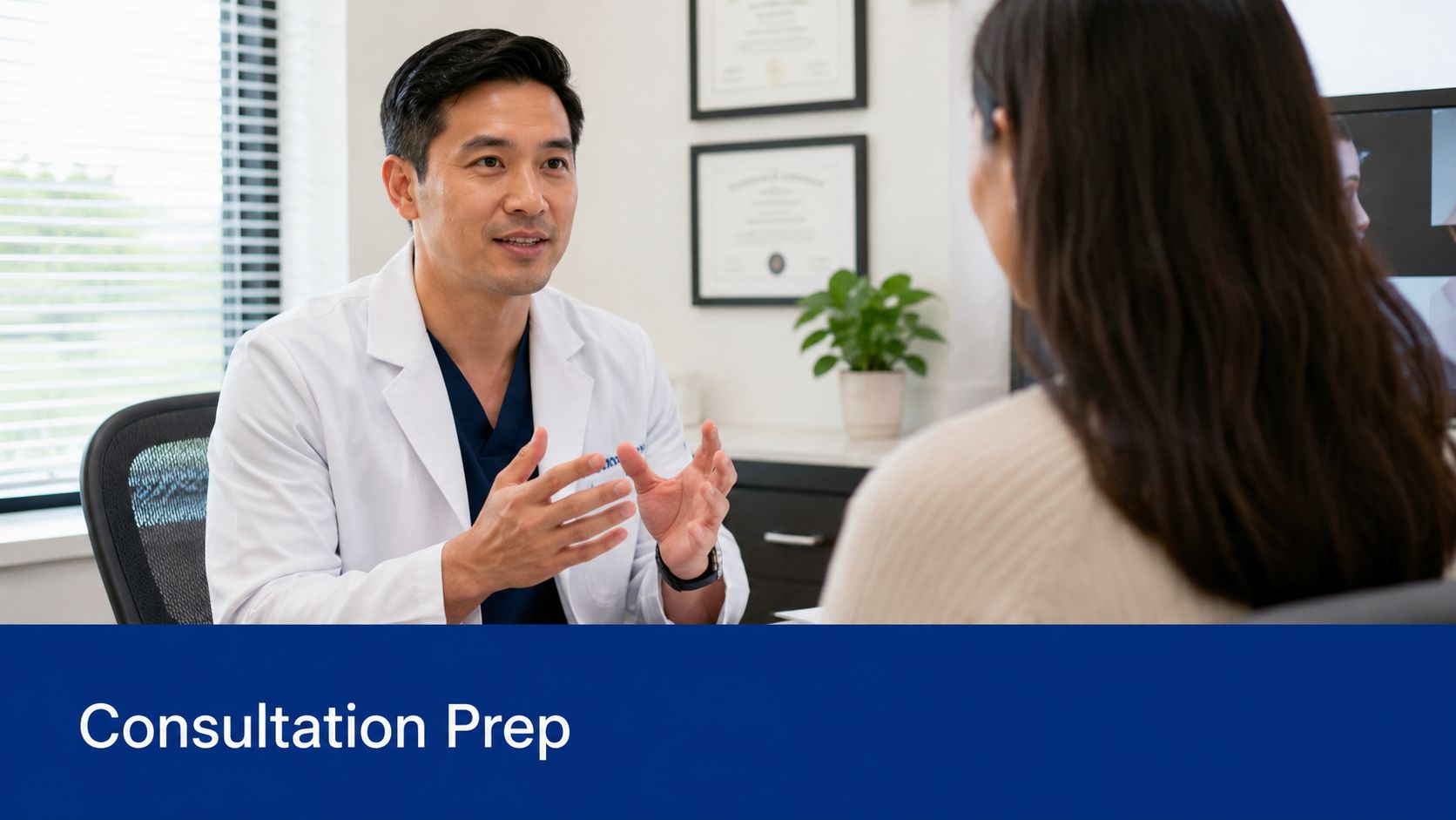 A male doctor in a white coat talking to a female patient during a medical consultation.