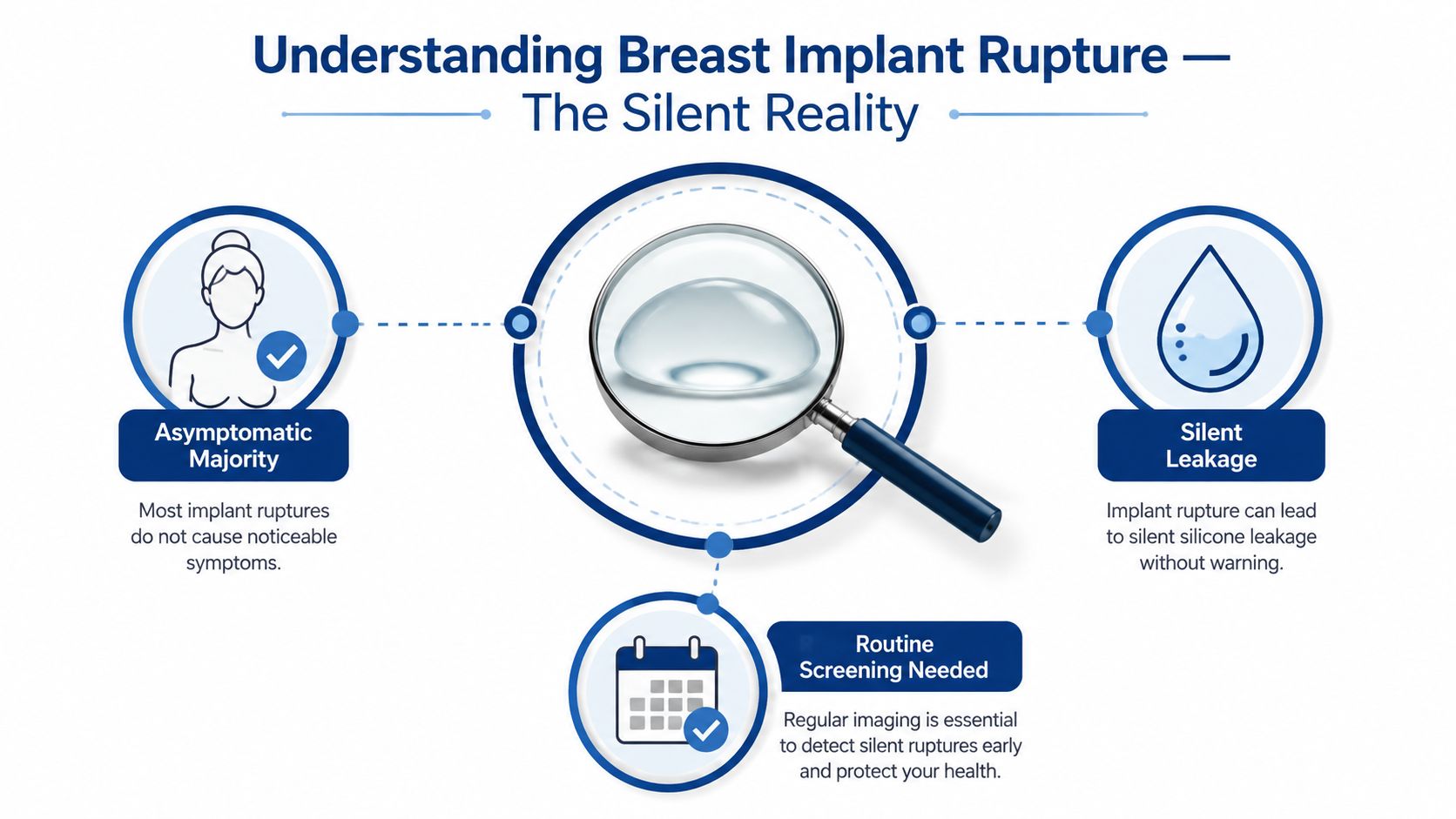 An infographic titled Understanding Breast Implant Rupture depicting the silent nature of leaks and importance of screenings.