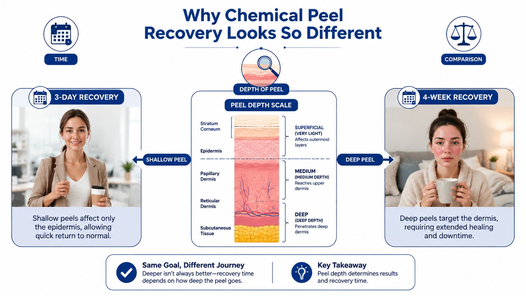 An infographic showing how different depths of chemical peels impact skin recovery times and healing processes.