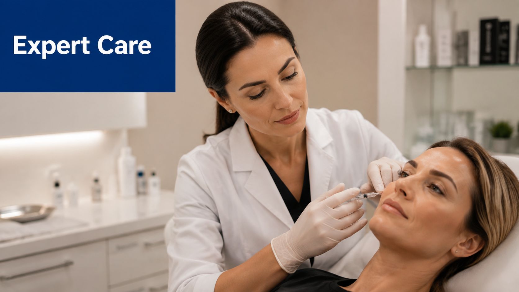 A professional medical provider performs a facial dermal filler injection on a female patient in a clinic.